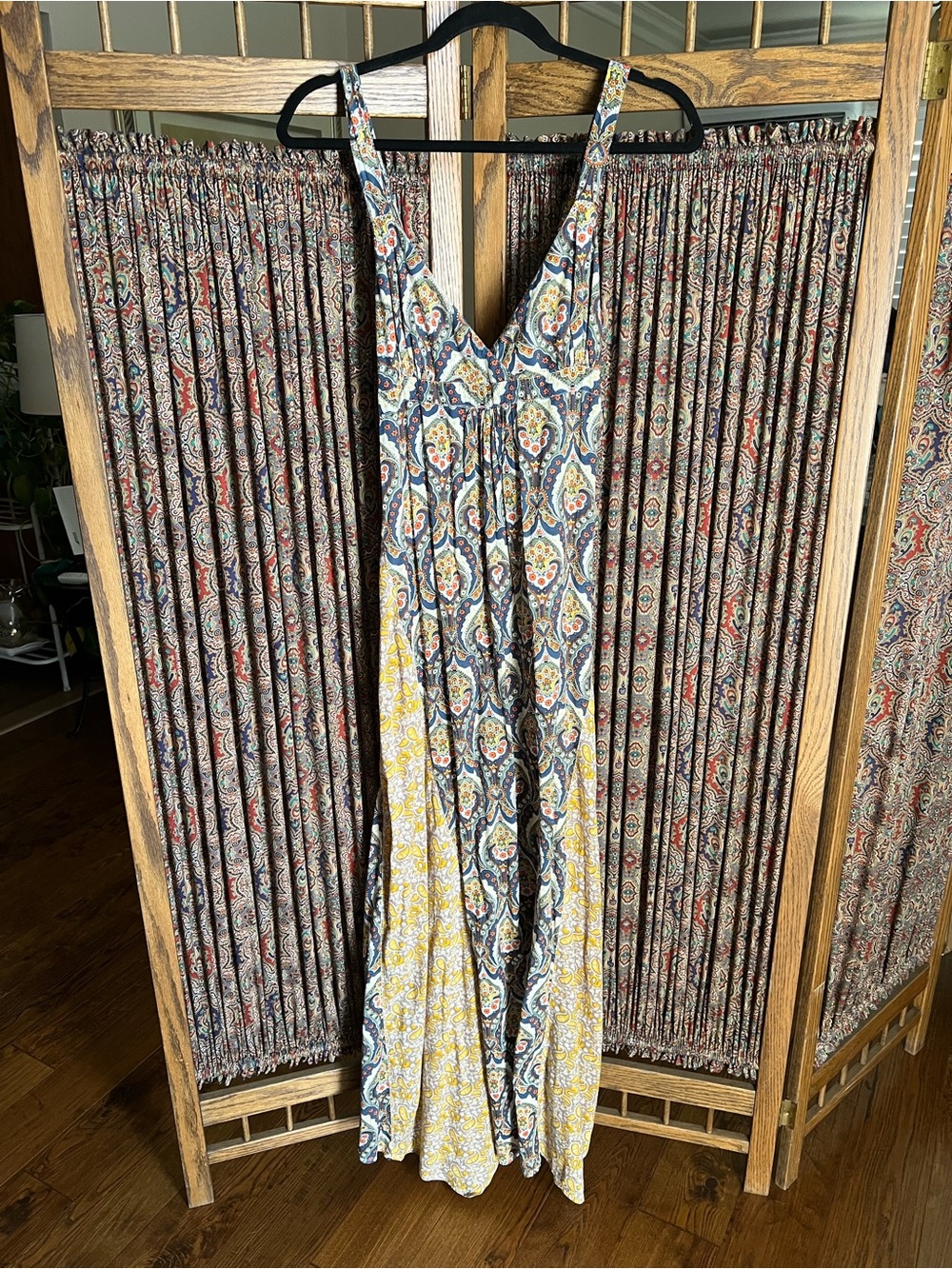 Volcom V-Neck Patchwork Maxi Dress in Blue & Yellow Boho Dress criss cross back